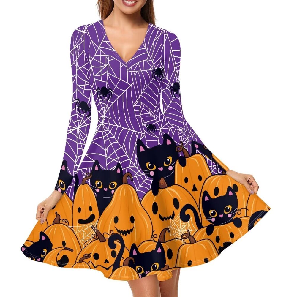 2634 Halloween Dresses Plus Size Black Cat Dress Pumpkin Halloween Dresses